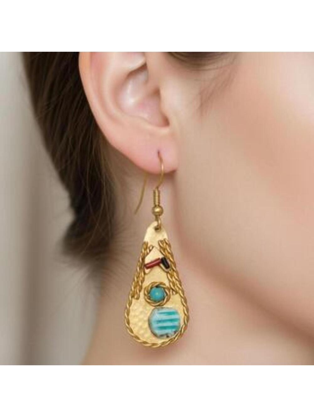 EARRINGS Vintage Gold Teardrop Dangle Earrings with Blue Accents Women's Unbrd.
